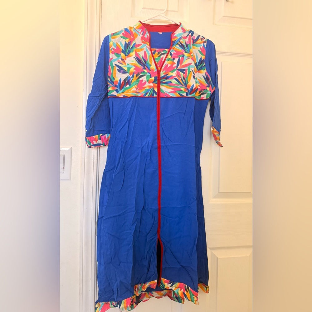Colorful Blue linen kurti with Leaf Print palazzo pant